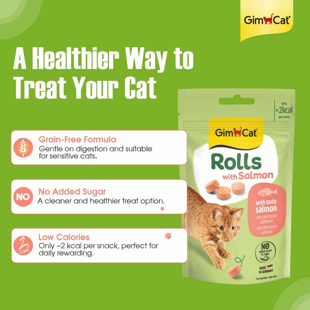 GimCat Rolls with Salmon – Low-Calorie Round Cat Treats | Real Salmon | 100 Rolls