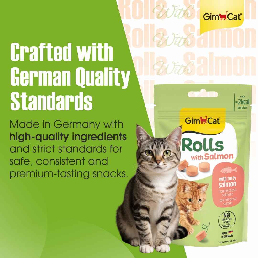 GimCat Rolls with Salmon – Low-Calorie Round Cat Treats | Real Salmon | 100 Rolls