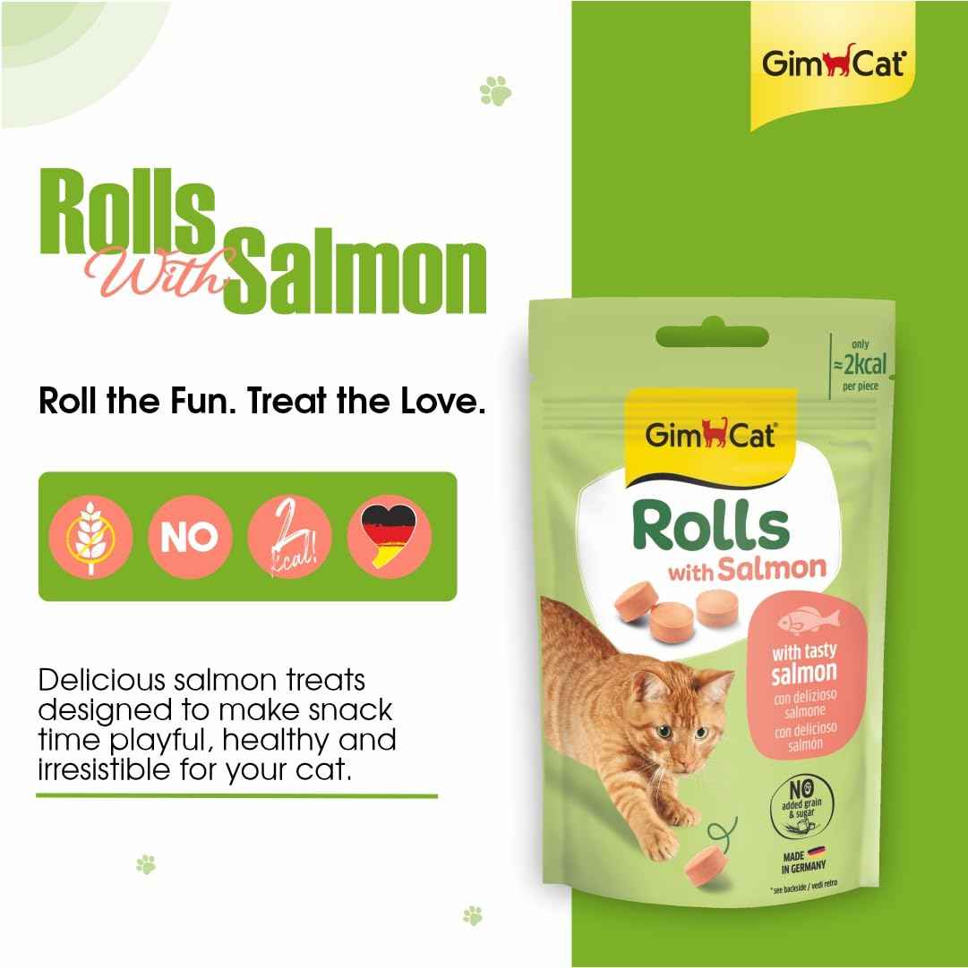 GimCat Rolls with Salmon – Low-Calorie Round Cat Treats | Real Salmon | 100 Rolls