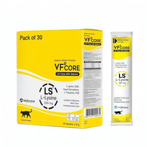 VFCore LS — L-Lysine 250mg Supplement for Cats | Feline Herpesvirus (FHV-1) Management, Sneezing & Eye Discharge Support Supplement For Cats | Pack of 30 | 12g Each Lickable Sachet