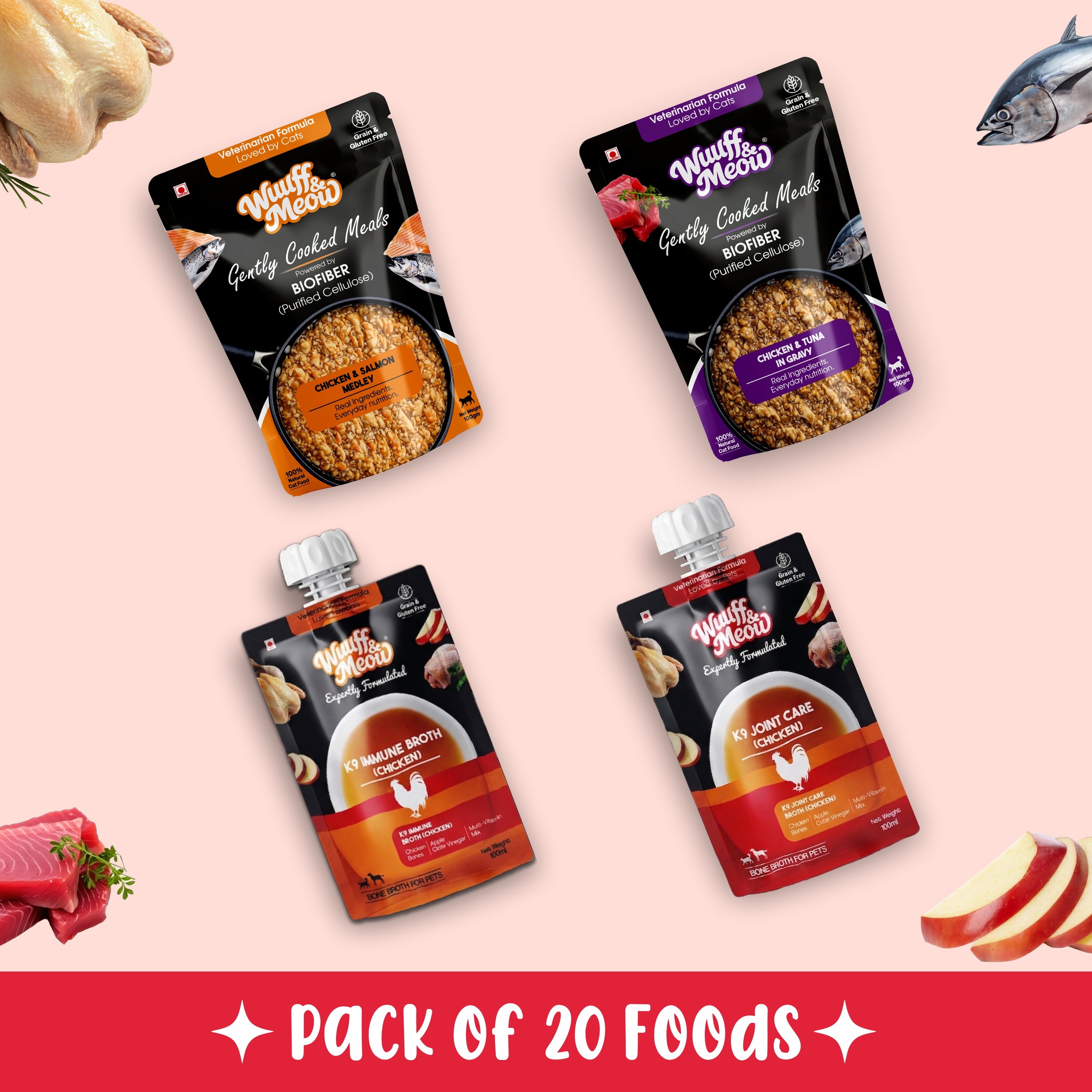 All Cat Monthly Pack (Chicken & Tuna | Chicken & Salmon | K9 Joint Care Broth | K9 Immune Broth) 5+5+5+5 (2–10 kg Cat)