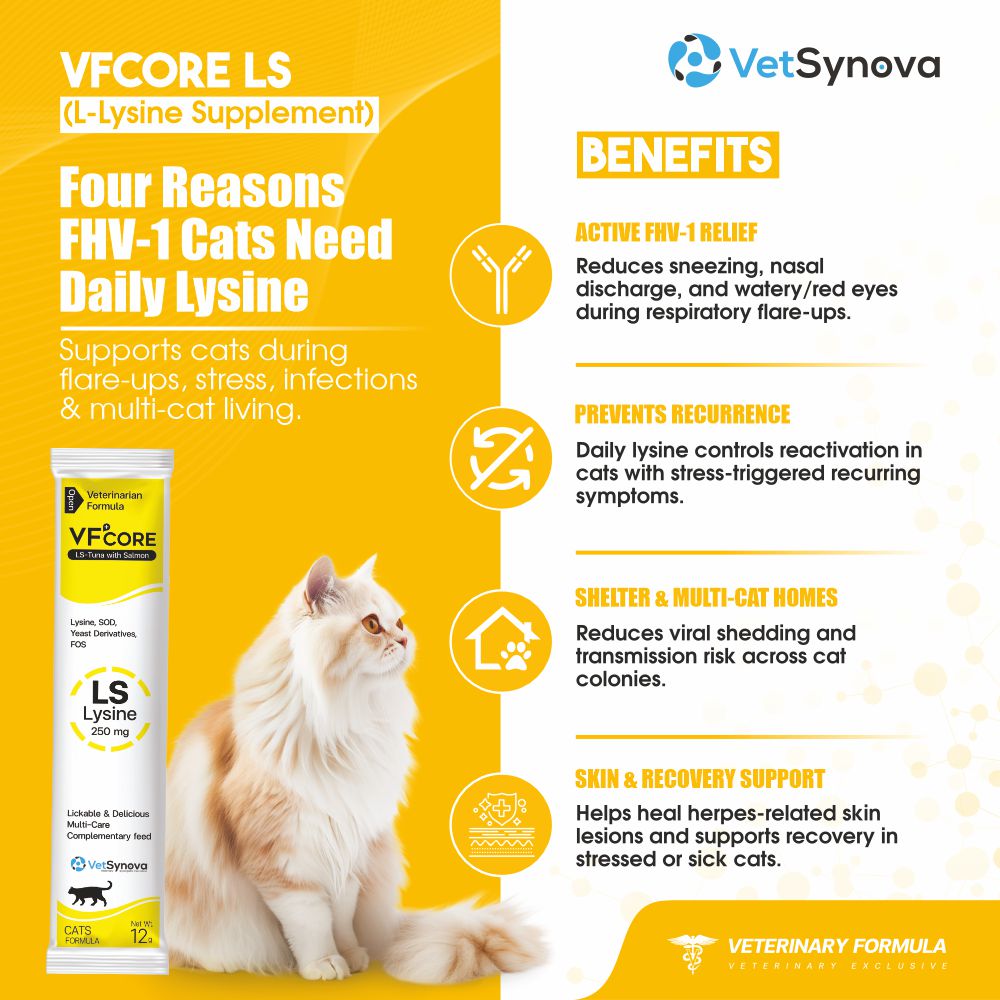 VFCore LS — L-Lysine 250mg Supplement for Cats | Feline Herpesvirus (FHV-1) Management, Sneezing & Eye Discharge Support Supplement For Cats | Lickable Paste 12g Sachet