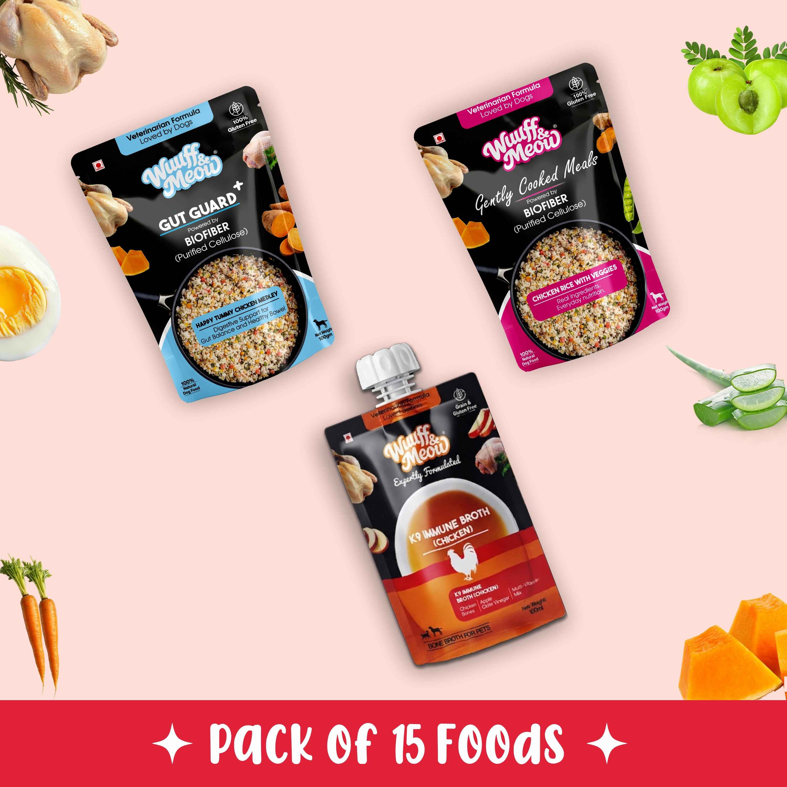 Medium Dog Food Standard Monthly Pack (Chicken Rice & Veggies | Gut Guard+ | K9 Immune Bone Broth) 10+10+3 (10-15 Kg Dog)