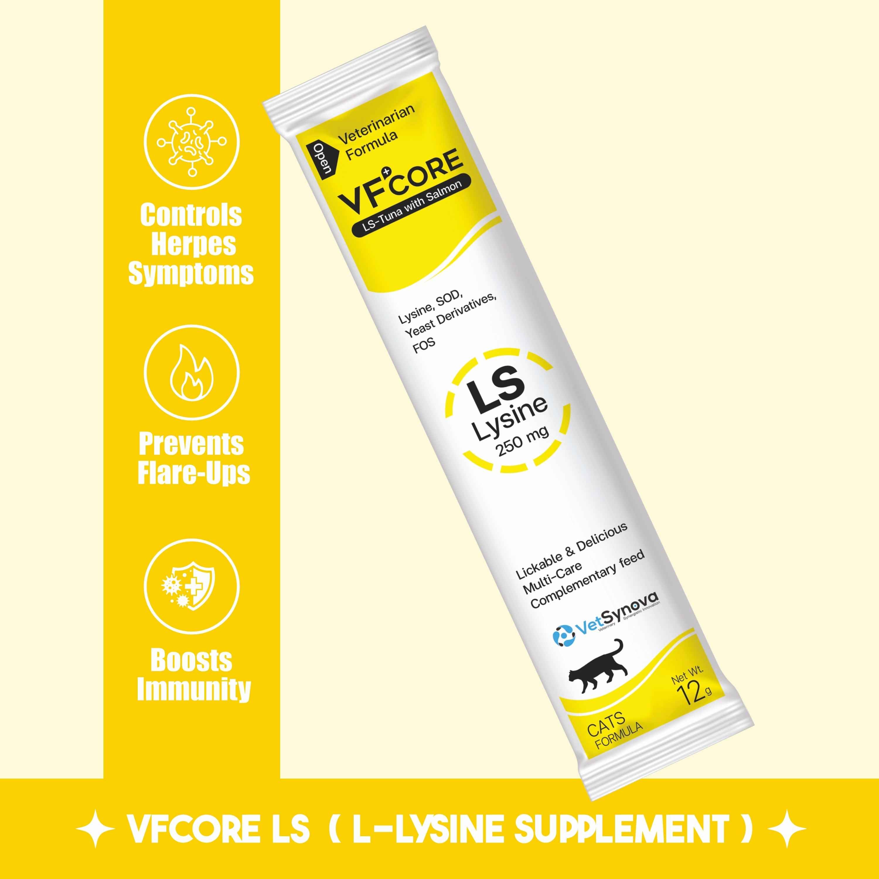 VFCore LS — L-Lysine 250mg Supplement for Cats | Feline Herpesvirus (FHV-1) Management, Sneezing & Eye Discharge Support Supplement For Cats | Lickable Paste 12g Sachet