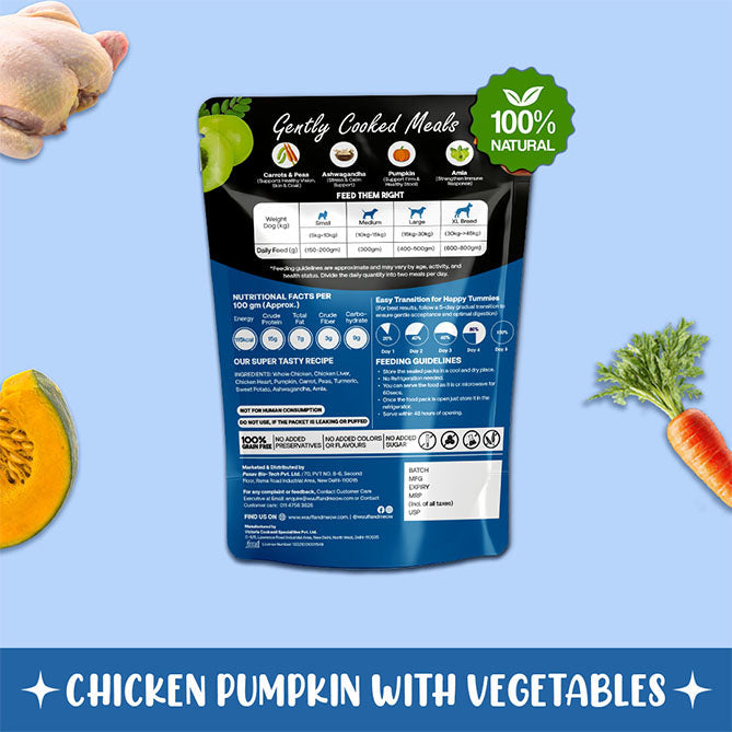 Chicken Pumpkin with Vegetables Dog Food — Gently Cooked Wet Dog Meal with Zero Preservatives| Powered By BioFiber - Arbocel Purified Plant-Based Fiber | 100g